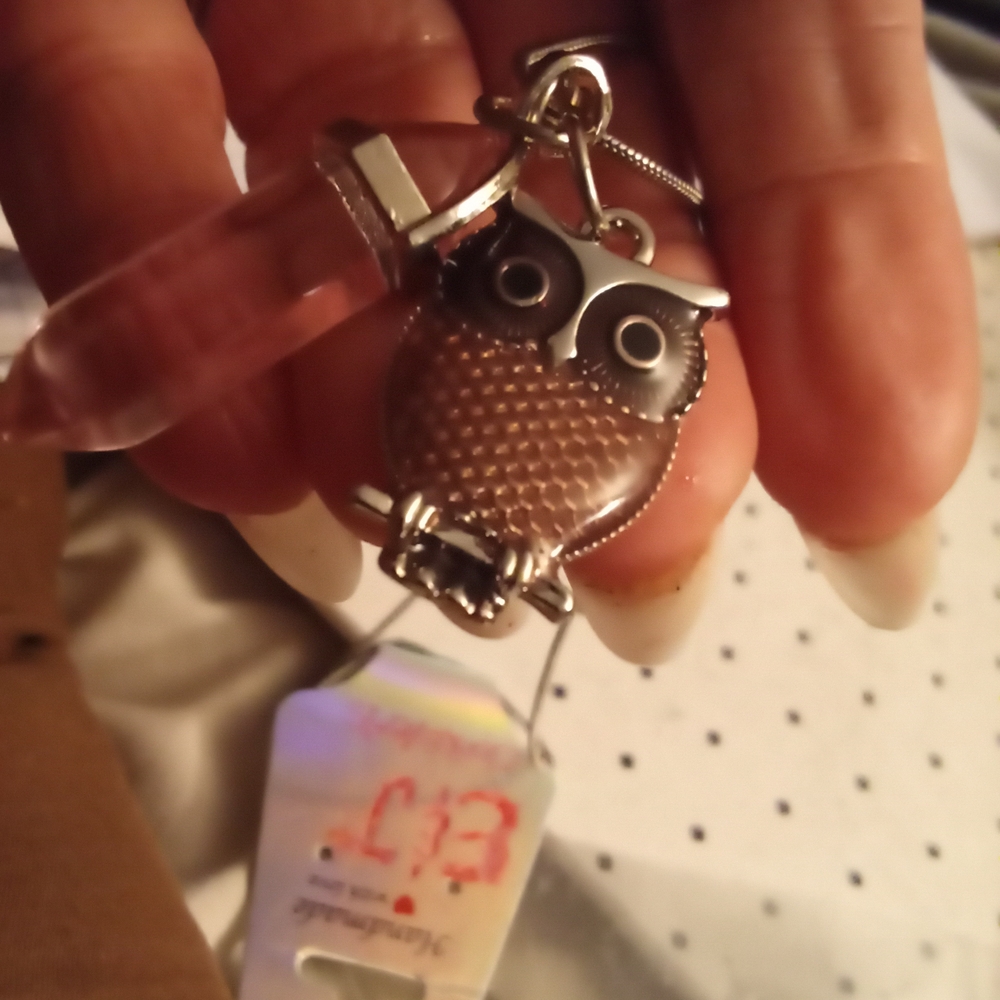 Brown Enamel Owl Pendant Necklace - Silver Tone